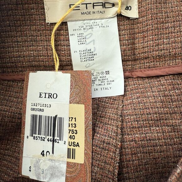ETRO Dark Brown Micro Plaid Wool Blend Italian Pants Size 40/ US 4 - Picture 7 of 12